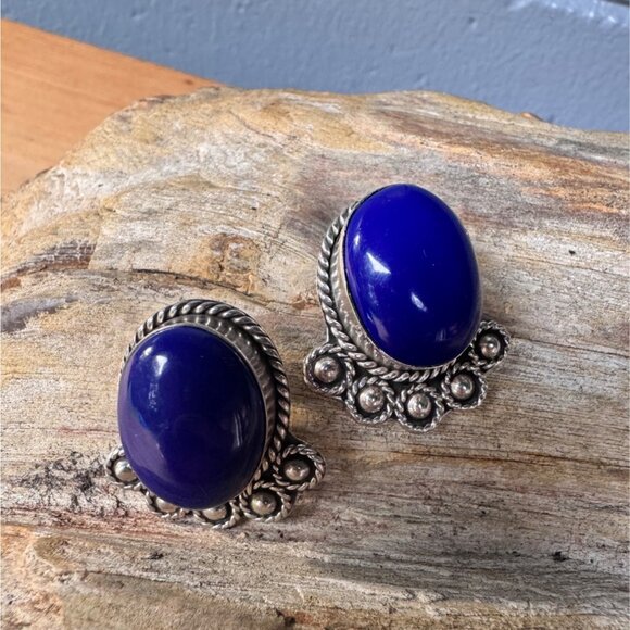 Sterling Silver Mexican Clip-On Earrings With Lapis Lazuli Style 17,25g - Picture 1 of 5